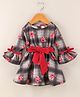 Dew Drops Suede Full Sleeves Winter Frock With Bow Applique Floral Print- Multicolour