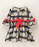 Dew Drops Suede Full Sleeves Winter Frock With Bow Applique Floral Print- Yellow