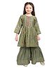 Betty By Tiny Kingdom Three Fourth Sleeves Mirror Work Detail Floral Placement Embroidered & Foil Printed Fabric Printed Gharara Set - Mehendi Green