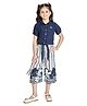 Peppermint Half Sleeves Solid Shirt Style Front Knit Top With Matching Striped & Abstract Floral Printed Culottes - Navy Blue & White