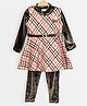 Peppermint Full Sleeves Argyle Checked Flower Applique Fit & Flare Dress With Leggings - Peach