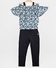 Peppermint Cold Shoulder Sleeves Floral Print Top With Jeggings - Blue