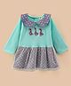 Dew Drops Girl Looper Full Sleeves Winter Frock With Polka Dot Print & Duck Embroidery- Blue