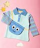 Mi Arcus Cotton Full Raglan Striped Sleeves With Attached Googly Eyes Smiley Bag Detail Polo Tee - Blue