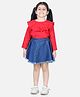 Aww Hunnie Full Sleeves Frilled Detailing Top & Flared Denim Skirt Set - Red &  Blue