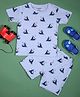Be Awara Half Sleeves All Over Ship & Sea Waves Printed Tee With Coordinating Shorts - Light Blue