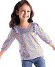 Babyhug Three Fourth Sleeves Top with Smocking and Frill Detailing & Floral Print - Blue