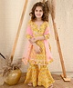 Lilpicks Couture Three Fourth Sleeves Seamless Jaipuri Flower Motif Printed Kurta With Coordinating Lace Embellished Sharara & Dupatta - Yellow