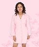 Cutecumber Full Puffed Sleeves Shirt Dress With Side Tie Up Detail - Pink