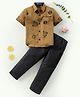 Knotty Kids Half Sleeve Floral Printed Shirt & Pant Set - Brown & Black
