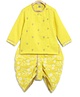 Tiber Taber Full Sleeves Motif Embroidered Kurta With Floral Print Dhoti Set - Yellow