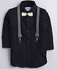 Polka Tots Full Sleeves Stripes Self Design Party Shirt With Wood Bow Tie & Striped Suspender - Black