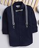 Polka Tots Full Sleeves Solid Party Shirt With Wood Bow Tie & Striped Suspender - Blue