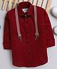 Polka Tots Full Sleeves Solid Party Shirt With Moustache Wood Bow Tie & Striped Suspender - Red