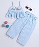 Knitting Doodles Sleeveless Striped And Floral Embroidered Top With Pant Coord Set  - Blue