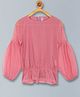 Kiddopanti Full Balloon Sleeves Embroidered Hem Top - Baby Pink