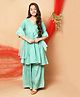 Lilpicks Couture Three Fourth Sleeves Floral Foil Print Front Open Kurta With Sharara And Dupatta - Turquoise Green