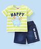 Babyhug 100% Cotton Woven Half Sleeves T-Shirt & Denim Shorts Set Stripes & Monster Print - Green & Blue