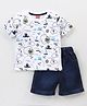 Babyhug 100% Cotton Knit Half Sleeves T-Shirt & Denim Shorts Set Sea Map Print - White & Blue