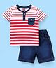 Babyhug Cotton Half Sleeves T-Shirt and Knee Length Shorts Striped - Red & Blue