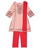 BIBA Three Fourth Sleeves Polka Dot Printed Jaipuri Floral Design Detailed Kurta With Salwar & Lace Embellished Dupatta - Red