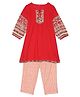 BIBA Three Fourth Sleeves Floral Printed Kurta & Polka Dots Printed Trouser Set  - Red
