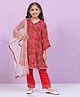 BIBA Three Fourth Bell Sleeves Front Open Bandhani Kurta & Salwar With Dupatta Set  - Red