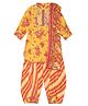 BIBA Three Fourth Sleeves Floral Print Kurta With Striped Salwar And Dupatta - Yellow