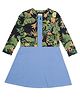 Young Birds Sleeveless Solid Flared Dress With Full Sleeves Cactus Printed Jacket - Blue & Black Green
