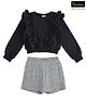 iDO Italy Cotton Full Sleeves Frill Detailing Top and Chequered Skirt - Black
