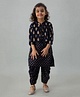 FlyFinns Three Fourth Sleeves Flower Foil Printed Front Tie Up Jacket With All Over Motif Printed Kurta & Dhoti - Navy Blue