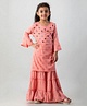 FlyFinns Full Bell Sleeves Mirror Work Embellished Kurta With All Over Motif Printed Sharara - Pink