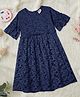 Zion Half Bell Sleeves Layered Lace  Embellished & Ruffle Detailed Fit & Flare Dress - Navy Blue