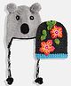 MayRa Pack Of 2 Flower Embroidered & Bear Design Hand Knitted Caps - Grey