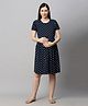 MomToBe Half Sleeves Seamless polka Dot Printed Fit & Flare Maternity Dress - Navy Blue
