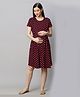 MomToBe Half Sleeves Seamless polka Dot Printed Fit & Flare Maternity Dress - Maroon