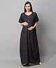 MomToBe Half Sleeves Seamless Leaf Printed Maternity Nighty - Navy Blue