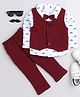 BUMZEE Full Sleeves Moustache Printed Bow Applique Detailed 3 Piece Party Suit Set - White & Maroon