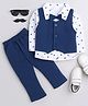 BUMZEE Full Sleeves Boat Printed Bow Applique Detailed 3 Piece Party Suit Set - White & Navy Blue