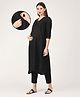 The Mom Store Three Fourth Sleeves Placement Embroidered Flared Maternity Kurta With Salwar - Black