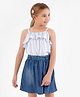 Ollington St Woven Singlet Striped Top and Elasticated Knee Length Denim Pleated Skorts with Self Fabric Belt- White & Indigo