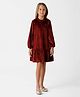 Kate & Oscar Puffed Full Sleeves Bow Embellished & Ruffle Detailed Flared Dress - Maroon