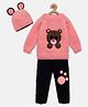 MayRa Knits Woollen Hand Knitted Full Sleeves Bear Design Detailed Coordinating Sweater Set - Pink