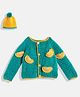 MayRa Knits Woollen Hand Knitted Full Sleeves orange Applique Embellished Sweater With Bobble Cap - Green