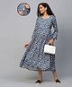 MomToBe Three Fourth Sleeves Seamless Flower Printed Fit & Flare Maternity Dress - Blue