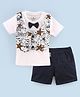 Child World 100 % Cotton Interlock Half Sleeves Shirt with Bow Tie and Shorts Set with Waistcoat Star Print - White Navy