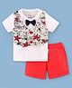Child World 100 % Cotton Interlock Half Sleeves T-Shirt with Bow Tie and Shorts Set with Waistcoat Star Print - White Red