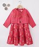 Ed-a-Mamma Cotton Woven Floral Printed Tier Dress With Full Sleeves Floral Embroidered Shrug - Red