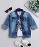 Ministitch Cotton Blend Woven Full Sleeves Washed Denim Jacket With Half Sleeves Text Printed T Shirt - Blue