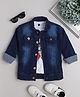 Ministitch Cotton Blend Woven Full Sleeves Washed Denim Jacket With Half Sleeves Text Printed T Shirt - White And Navy Blue